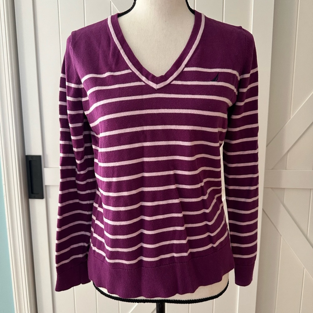 Women's Nautica Purple & Lilac Striped V-Neck Cotton Sweater Classic Size Small